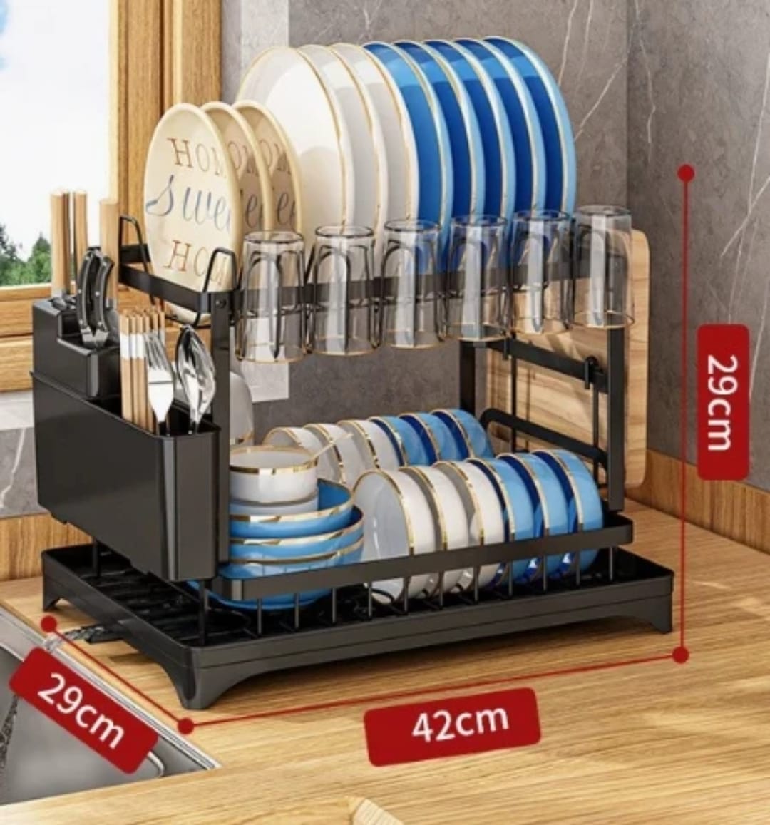 Classy High Quality Dish Rack – 2 Tier Carbon Steel Kitchen Dish Drainer Black