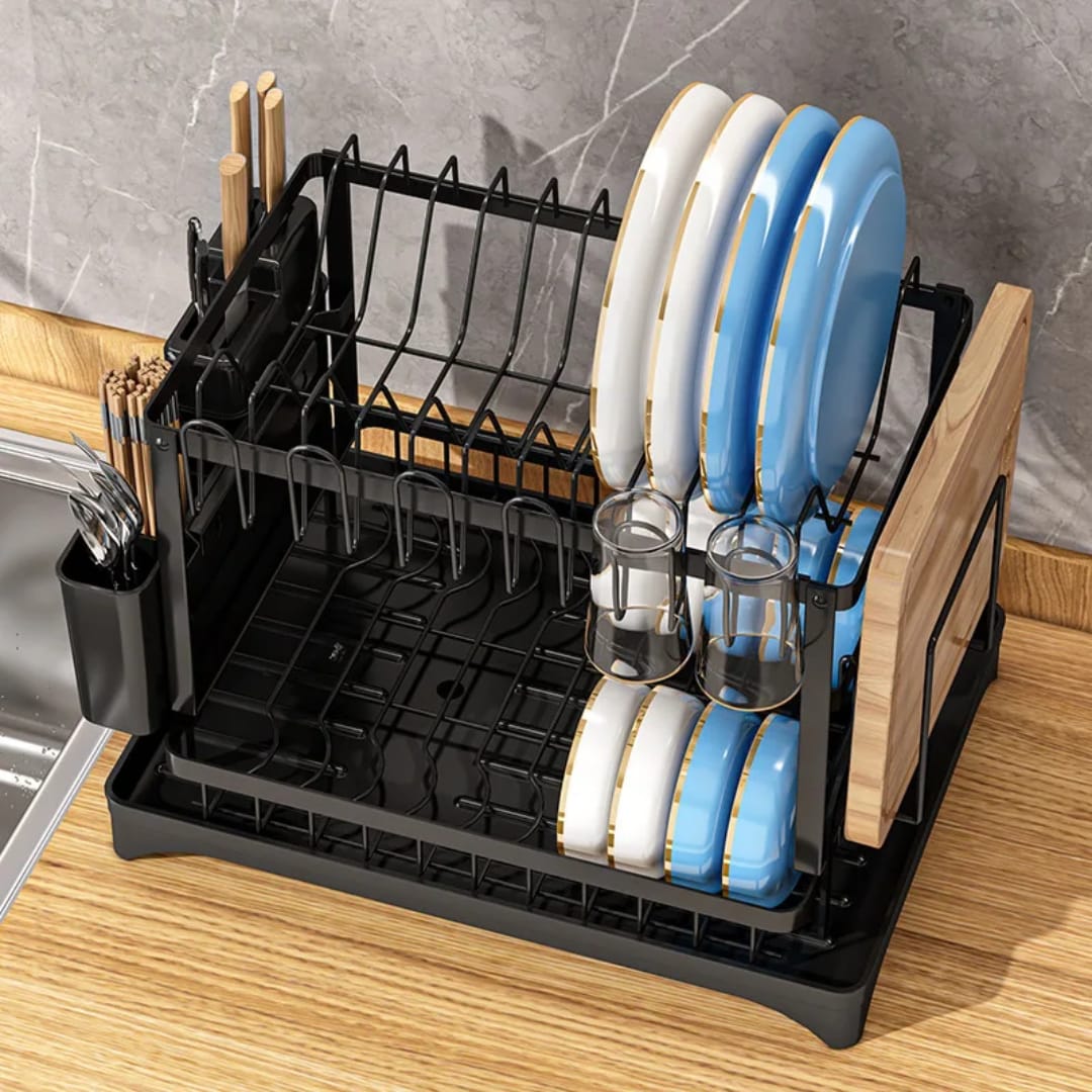 Classy High Quality Dish Rack – 2 Tier Carbon Steel Kitchen Dish Drainer Black