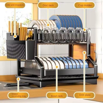 2-Tier Kitchen Dish Rack with Drain Tray – Large Capacity Dish Drainer & Utensil Holder (Black)