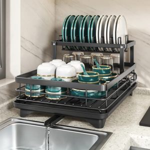 2 Tier Foldable Dish Drying Rack with Drip Tray | Carbon Steel Kitchen Rack