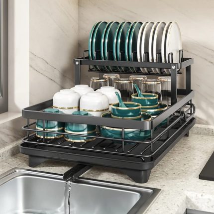 2 Tier Foldable Dish Drying Rack with Drip Tray | Carbon Steel Kitchen Rack