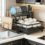 2 Tier Foldable Dish Drying Rack with Drip Tray | Carbon Steel Kitchen Rack