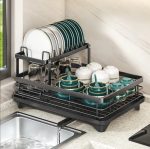2 Tier Foldable Dish Drying Rack with Drip Tray | Carbon Steel Kitchen Rack