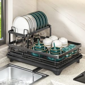2 Tier Foldable Dish Drying Rack with Drip Tray | Carbon Steel Kitchen Rack