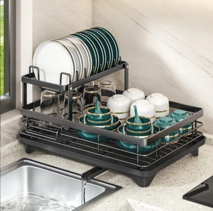 2 Tier Foldable Dish Drying Rack with Drip Tray | Carbon Steel Kitchen Rack