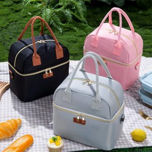 Double layer insulated lunch bag with removable strap