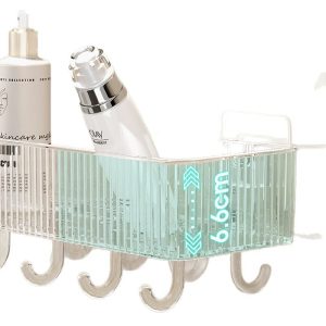 Acrylic Storage Shelf with gold hooks.