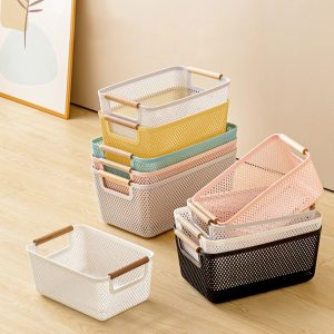3pcs Extra-Large Plastic Mesh Storage Baskets with Bamboo Handles – Multipurpose Home Organizer