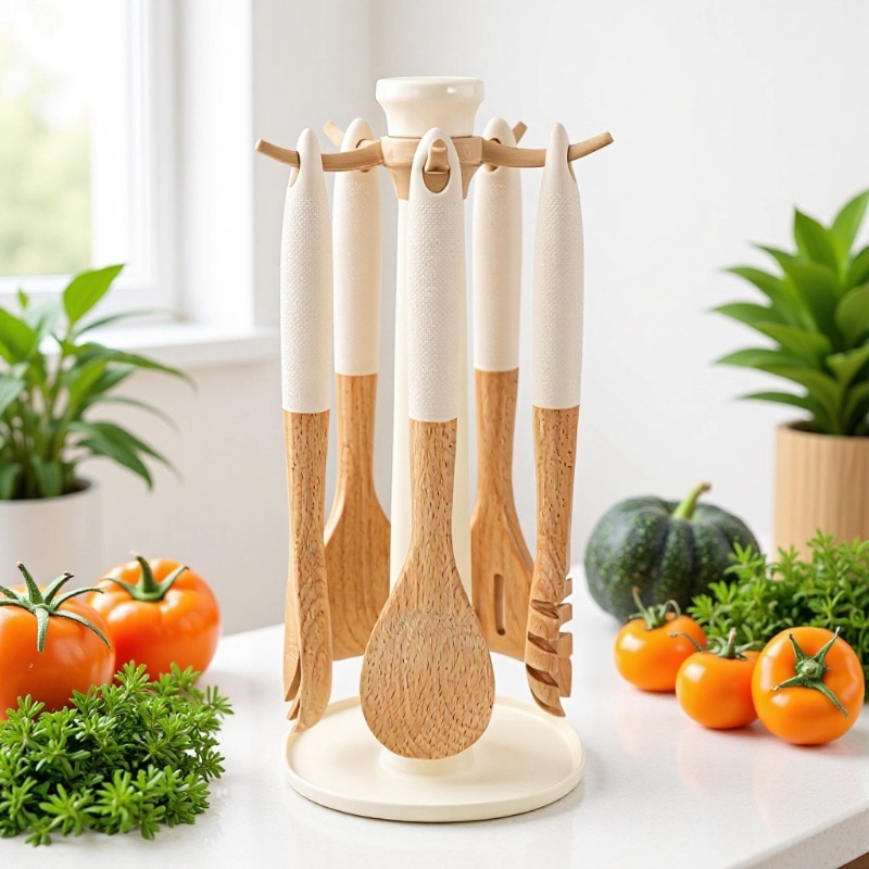 6pcs Premium Bamboo Spoon Set With Stand – Non-Stick Wooden Cooking Utensils