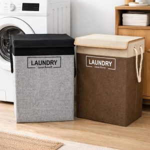 Foldable Laundry Basket with Lid – Cotton Linen Laundry Hamper
