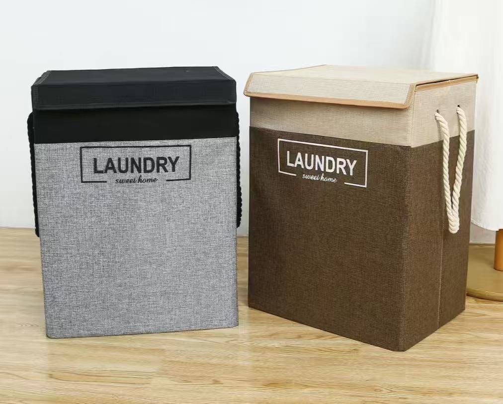Foldable Laundry Basket with Lid – Cotton Linen Laundry Hamper