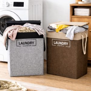 Foldable Laundry Basket with Lid – Cotton Linen Laundry Hamper