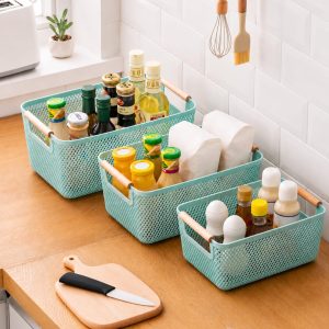 3pcs Extra-Large Plastic Mesh Storage Baskets with Bamboo Handles – Multipurpose Home Organizer