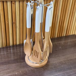 6pcs Premium Bamboo Spoon Set With Stand – Non-Stick Wooden Cooking Utensils