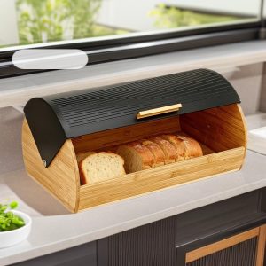 Bamboo Bread Box with Roll-Top Black Lid – Bread Storage Box