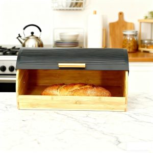 Bamboo Bread Box with Roll-Top Black Lid – Bread Storage Box
