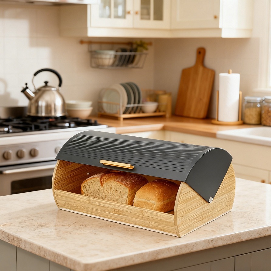 Bamboo Bread Box with Roll-Top Black Lid – Bread Storage Box