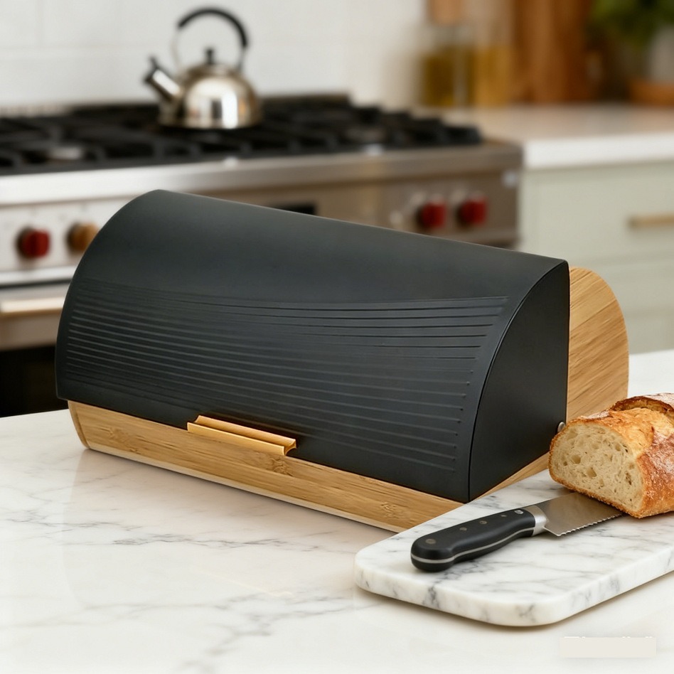 Bamboo Bread Box with Roll-Top Black Lid – Bread Storage Box