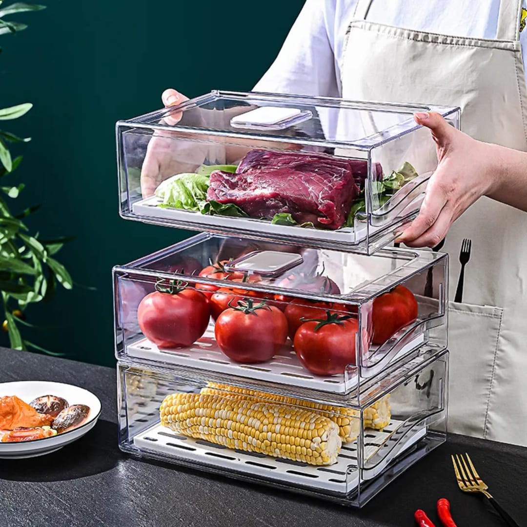 Fridge Box with Pull-Out Drawer – Stackable Refrigerator Storage Organizer