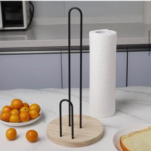 Black Metal Paper Towel Holder with Bamboo Base – Kitchen Roll Stand