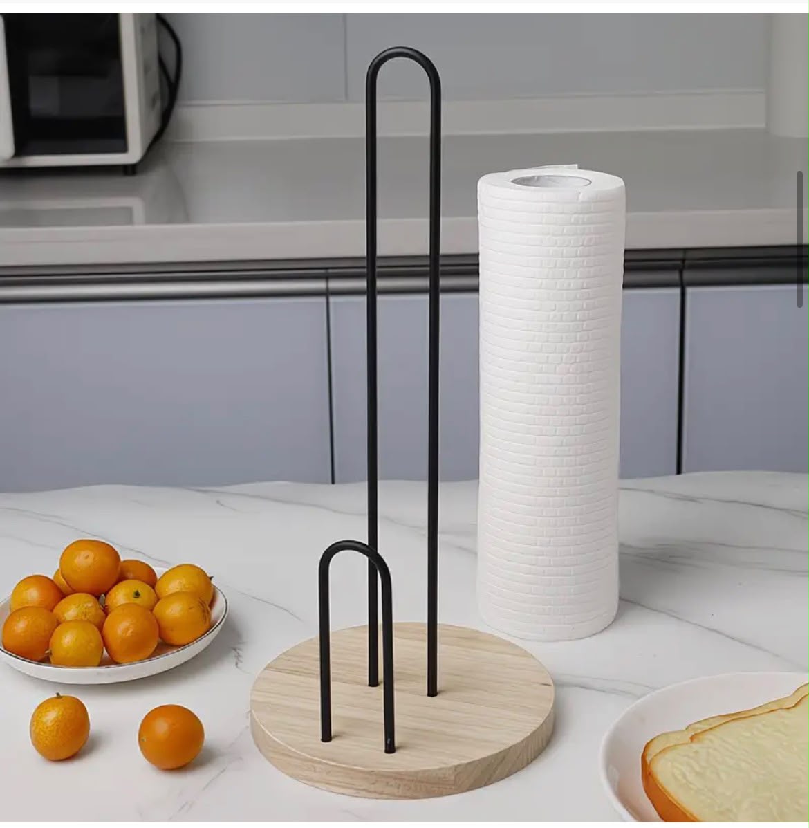 Black Metal Paper Towel Holder with Bamboo Base – Kitchen Roll Stand