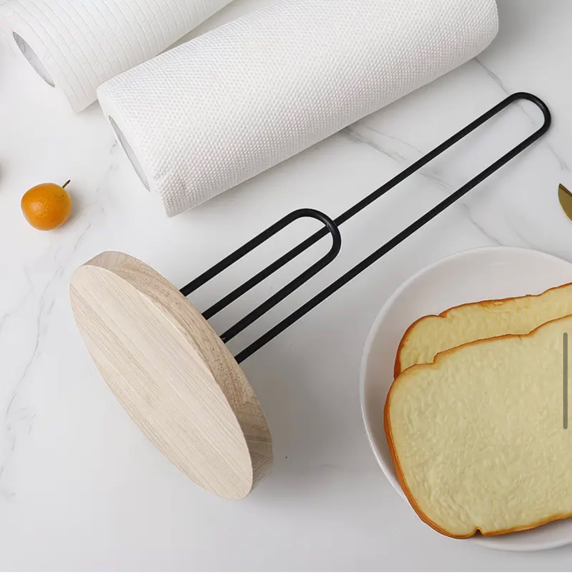 Black Metal Paper Towel Holder with Bamboo Base – Kitchen Roll Stand