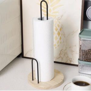 Black Metal Paper Towel Holder with Bamboo Base – Kitchen Roll Stand